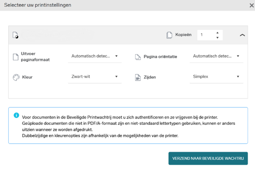 Screenshot van printinstellingen voor printen via printapplicatie voor gastgebruikers