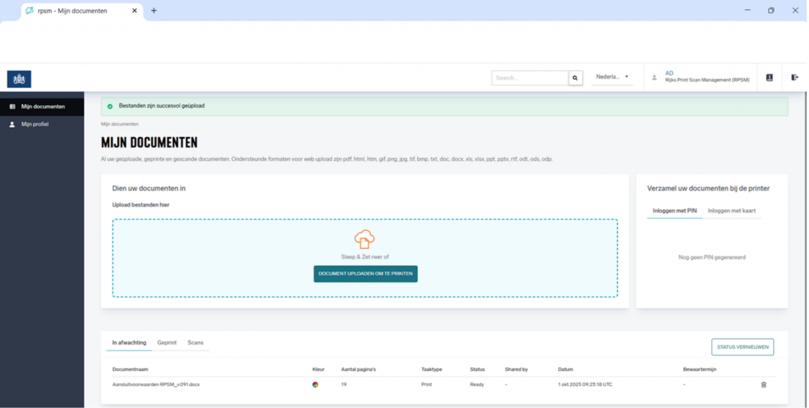 Screenshot van printapplicatie overzicht opdrachten in behandeling