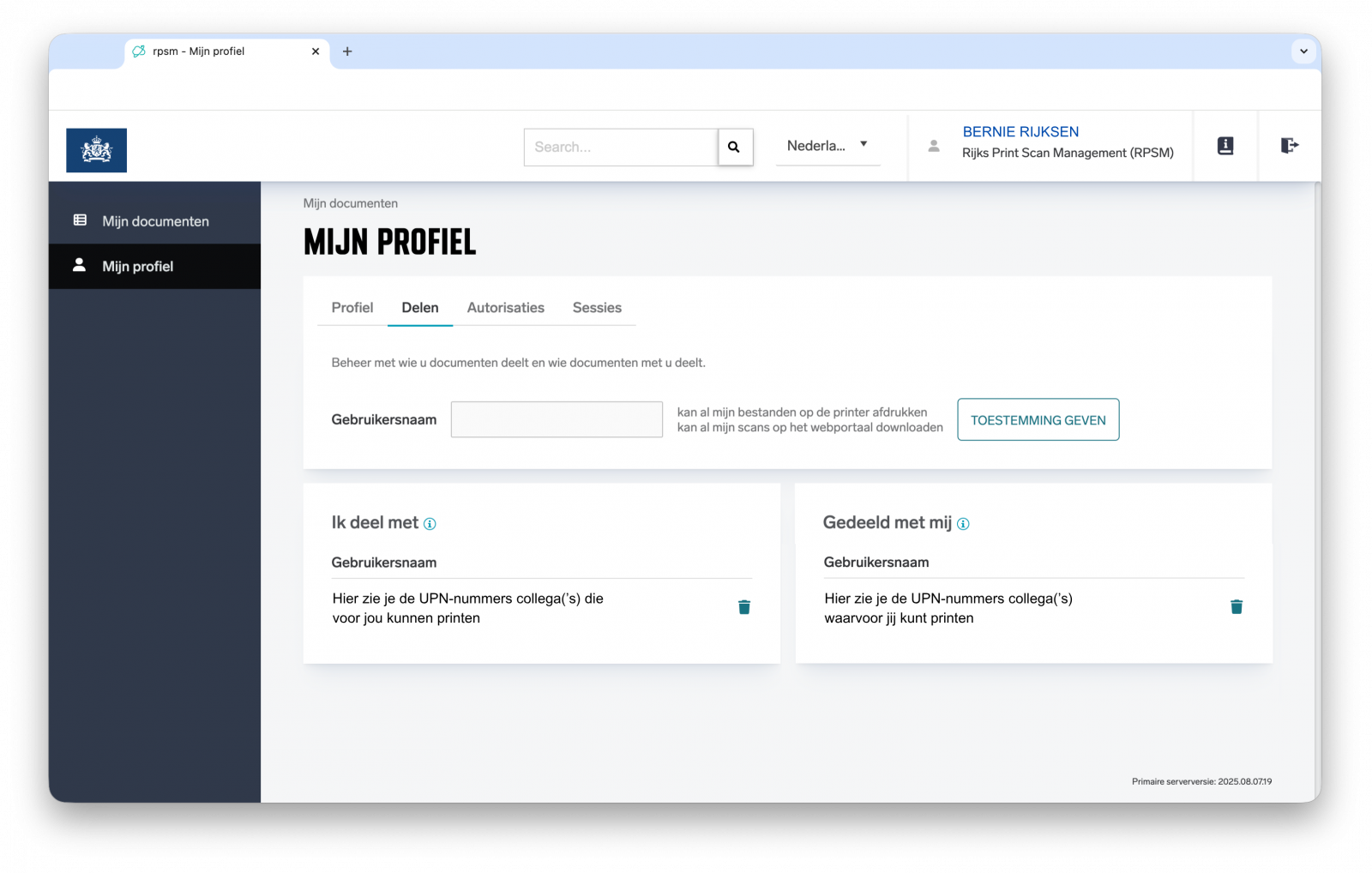 Screenshot van overzicht delen binnen de printapplicatie