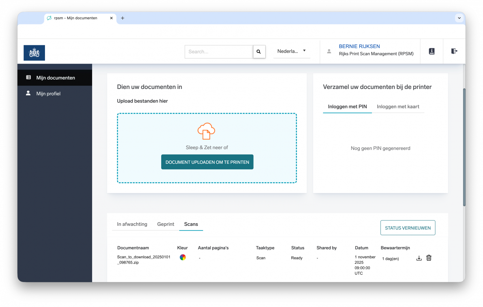 Screenshot overzicht scanoverzicht van de printapplicatie