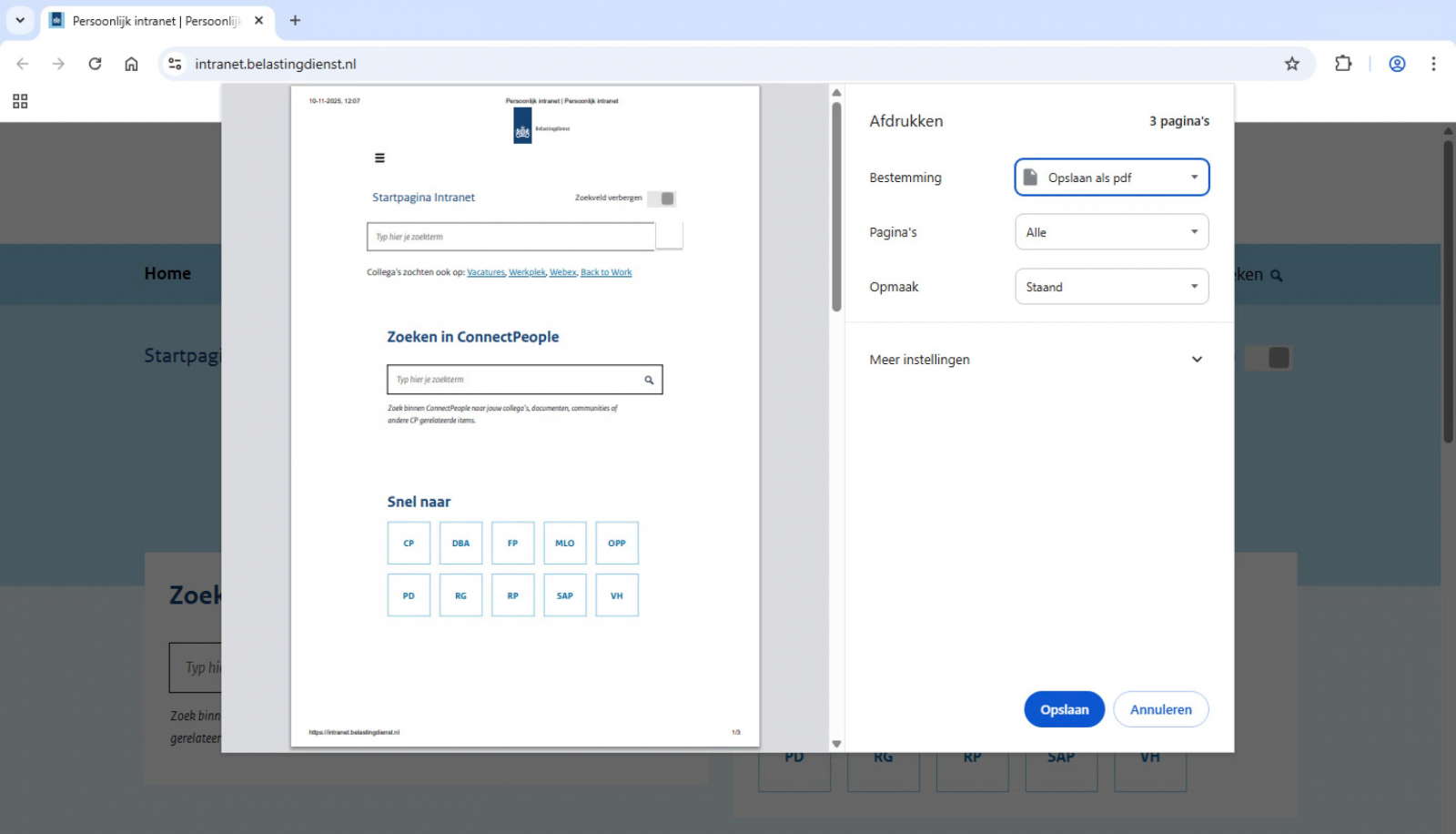 Screenshot van afdrukken webpagina via virtuele werkplek