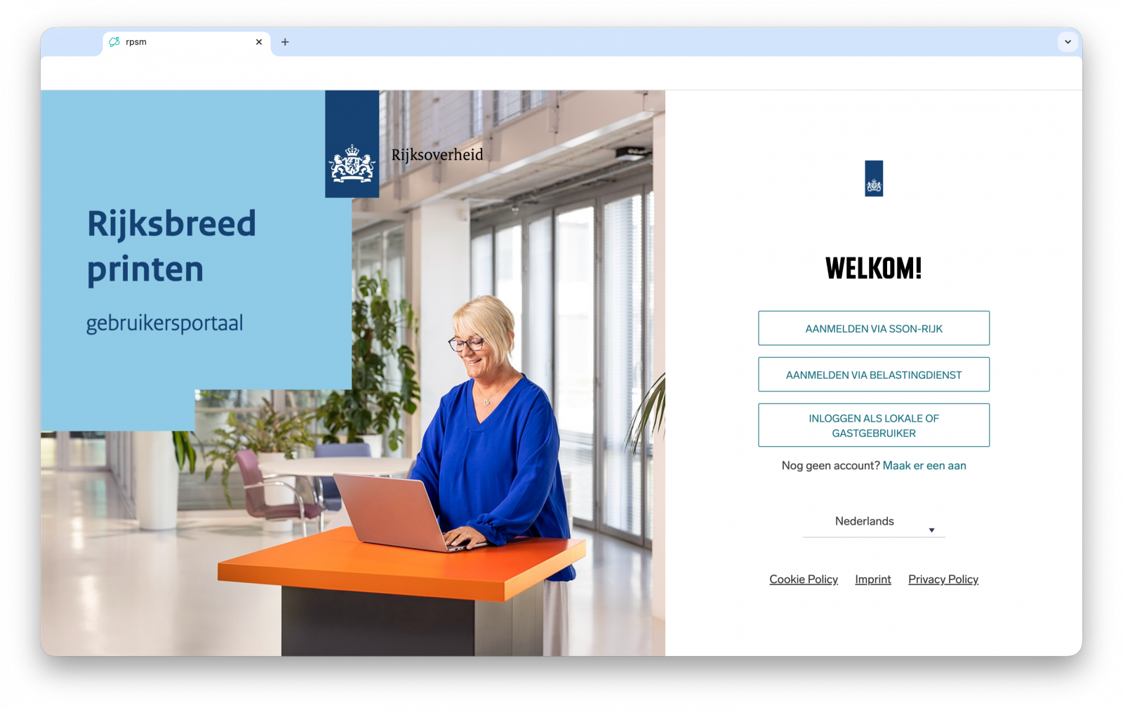 Schermafbeelding van inlogscherm printapplicatie