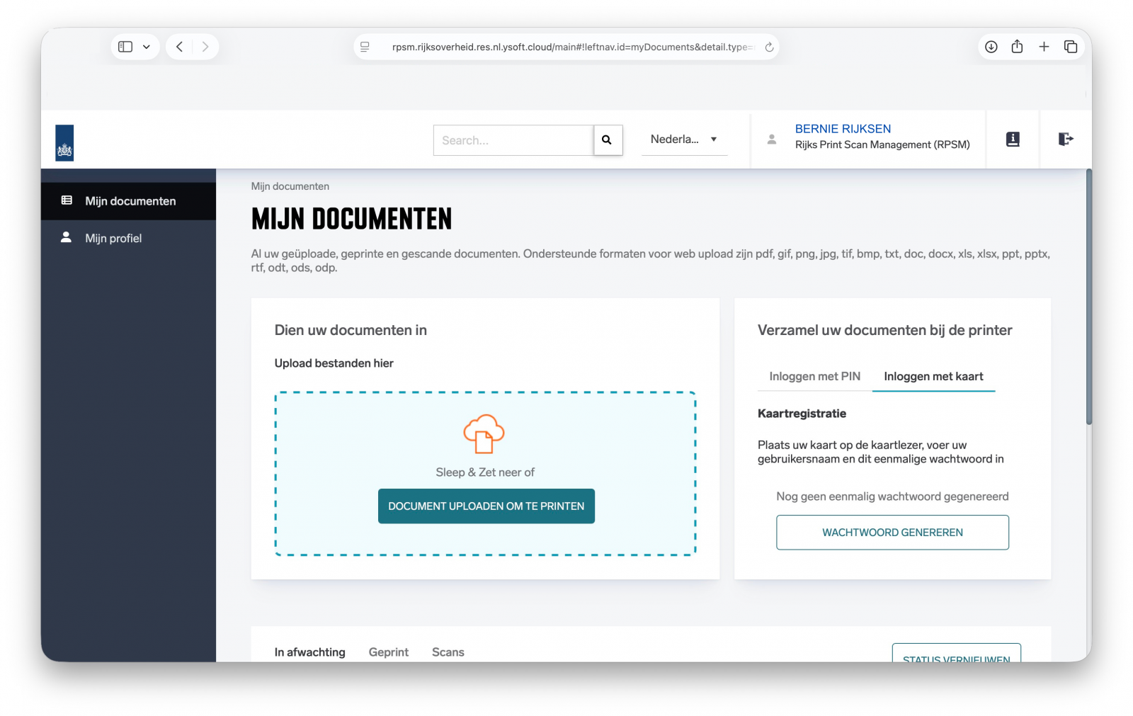 Screenshot van Mijn documenten pagina in rijksbreedprinten applicatie