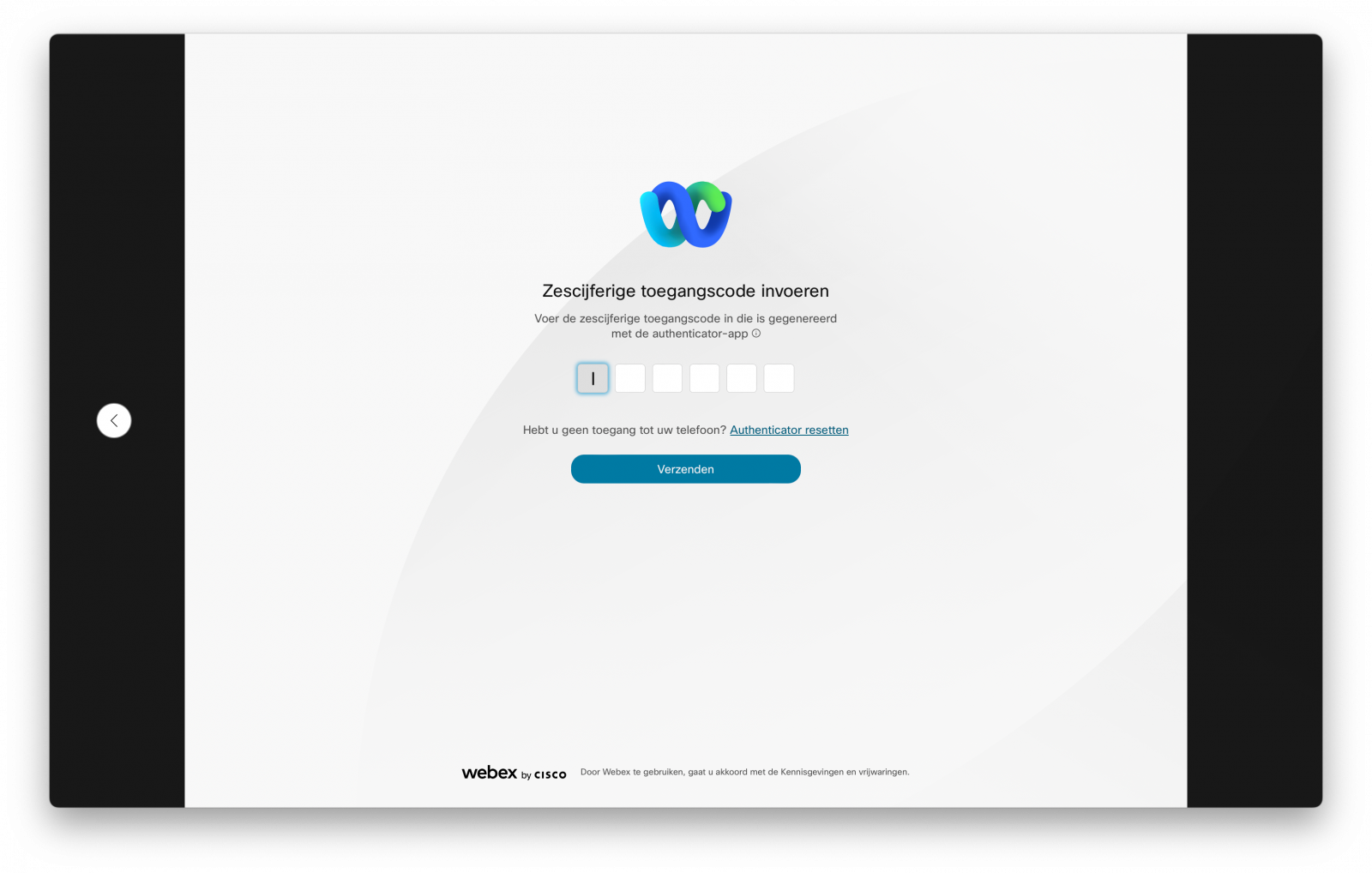 Screenshot van invoeren zescijferige code in Webex-app