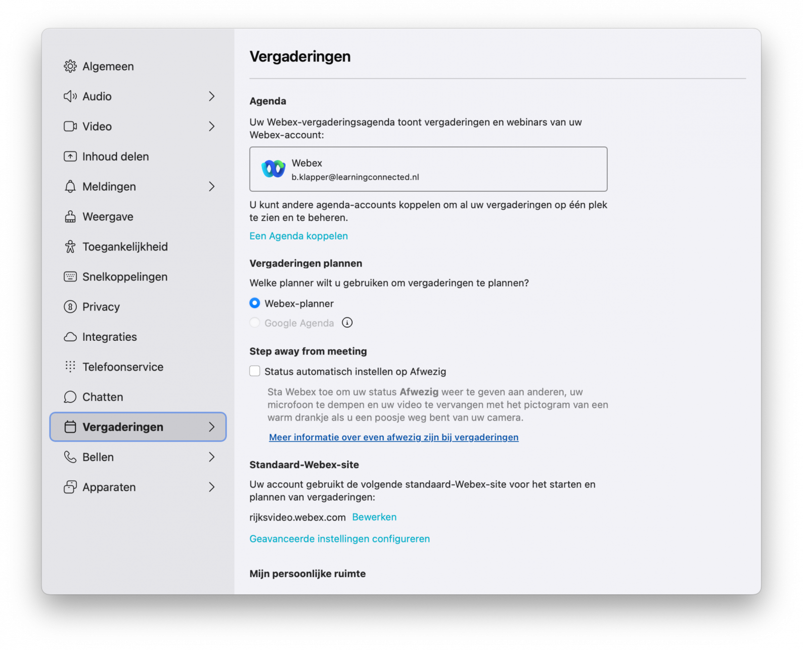 Screenshot vergadering-instelingen in Webex-app