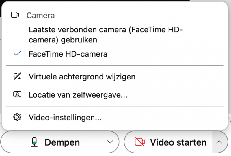 Screenshot van video-opties in Webex