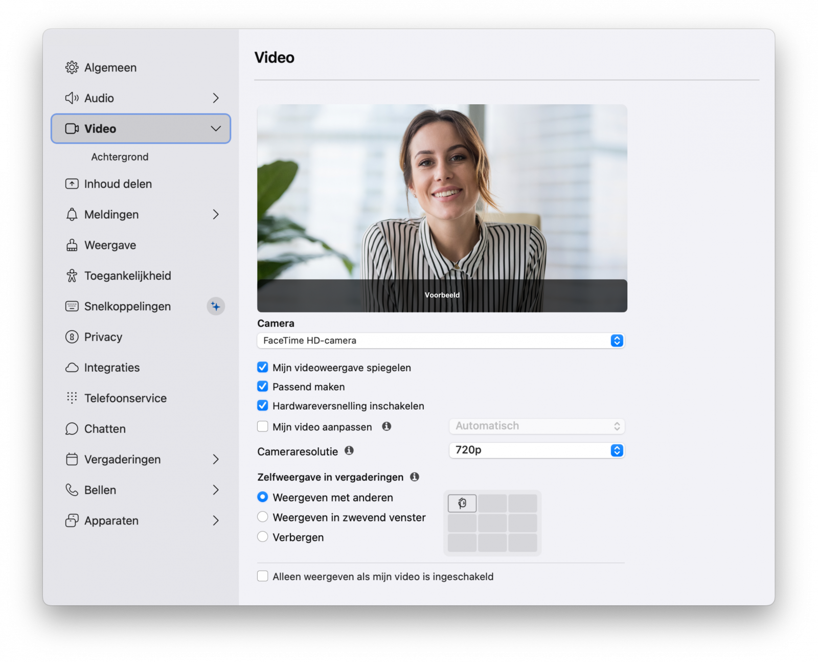 Screenshot van video-instellingen in Webex