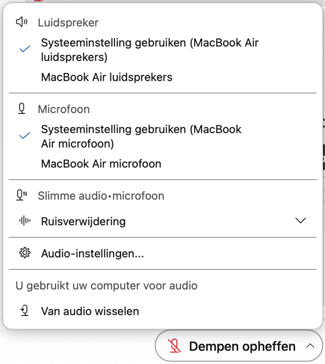 Screenshot van audio-opties in Webex