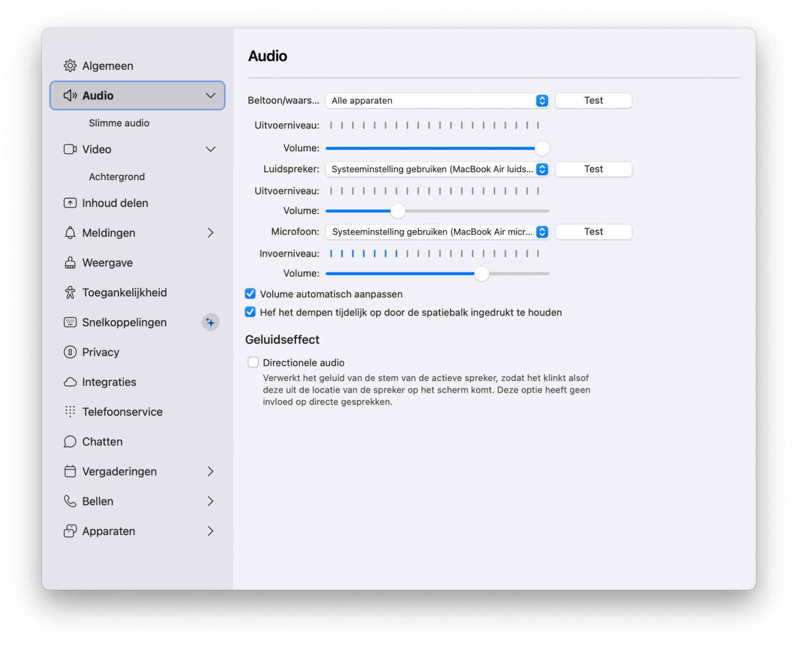 Screenshot van audio-instellingen in Webex