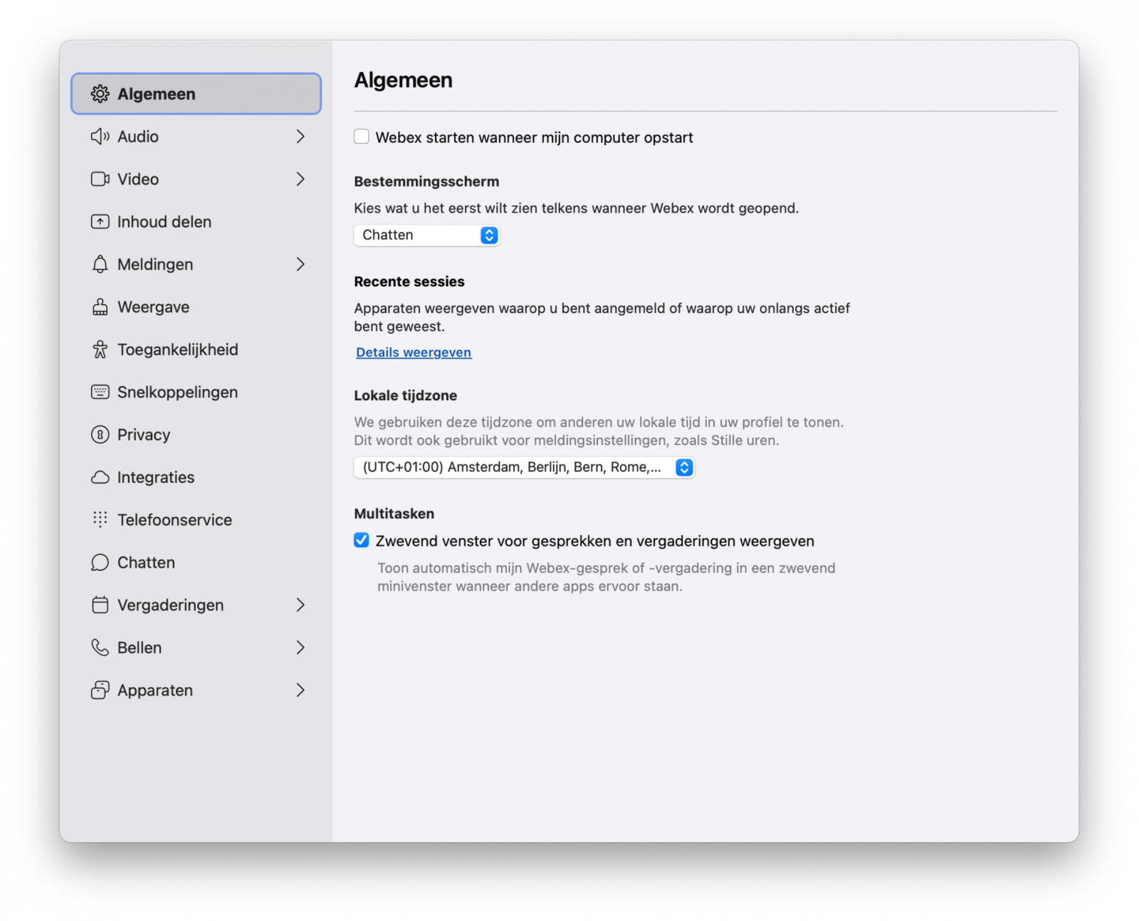 Screenshot van algemene instellingen in de Webex-app