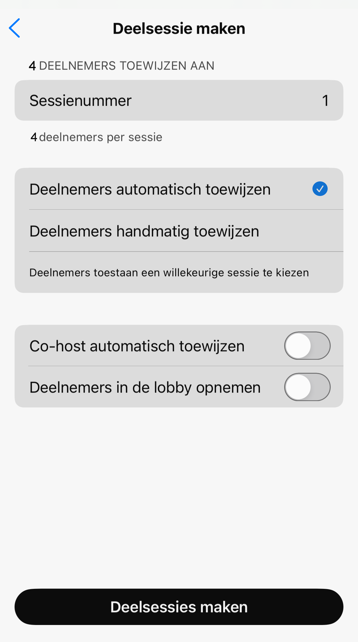 Screenshot van deelsessies aanmaken in Webex op iPhone