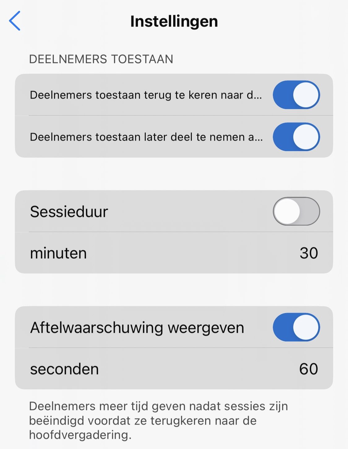 Screenshot van aanpassen instellingen voor deelsessies in Webex op iPhone