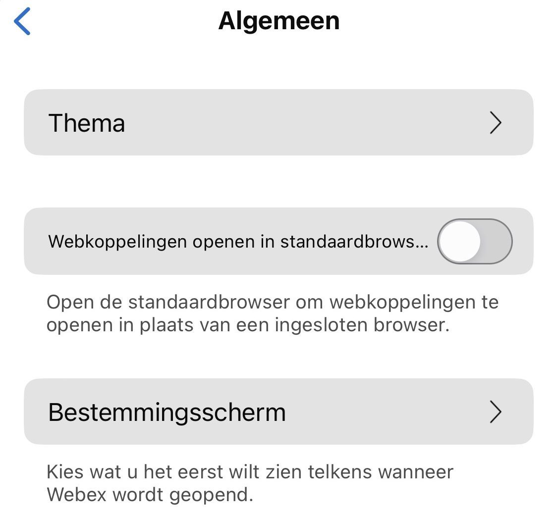 Screenshot van algemene instellingen in Webex op iPhone