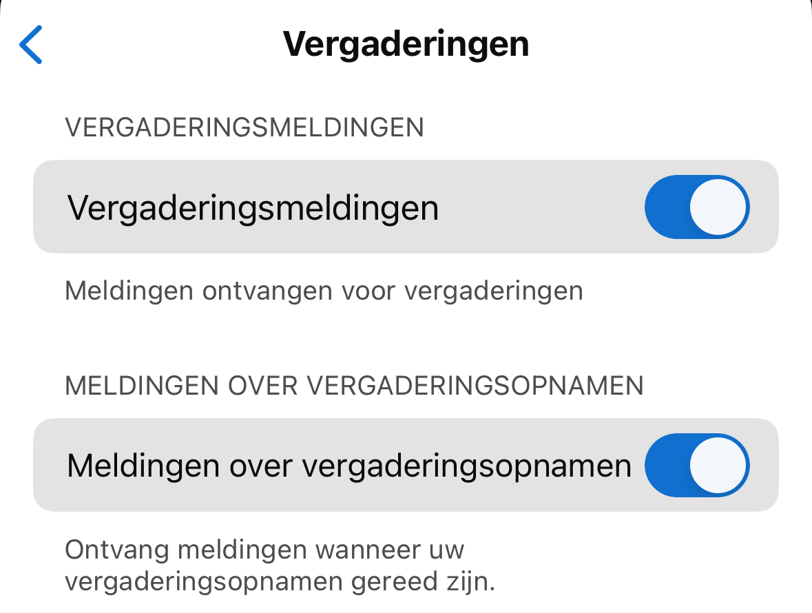 Screenshot van meldingen voor vergaderingen in Webex op iPhone