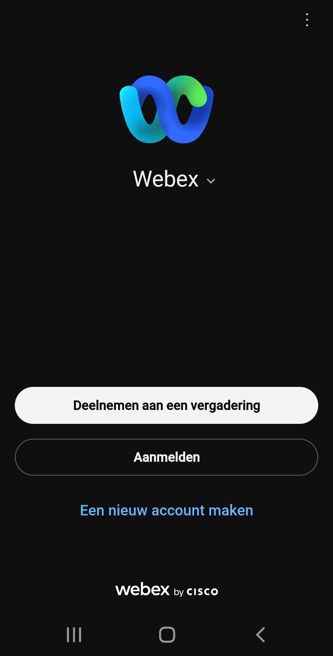 Screenshot van aanmelden in Webex-app op Android-telefoon