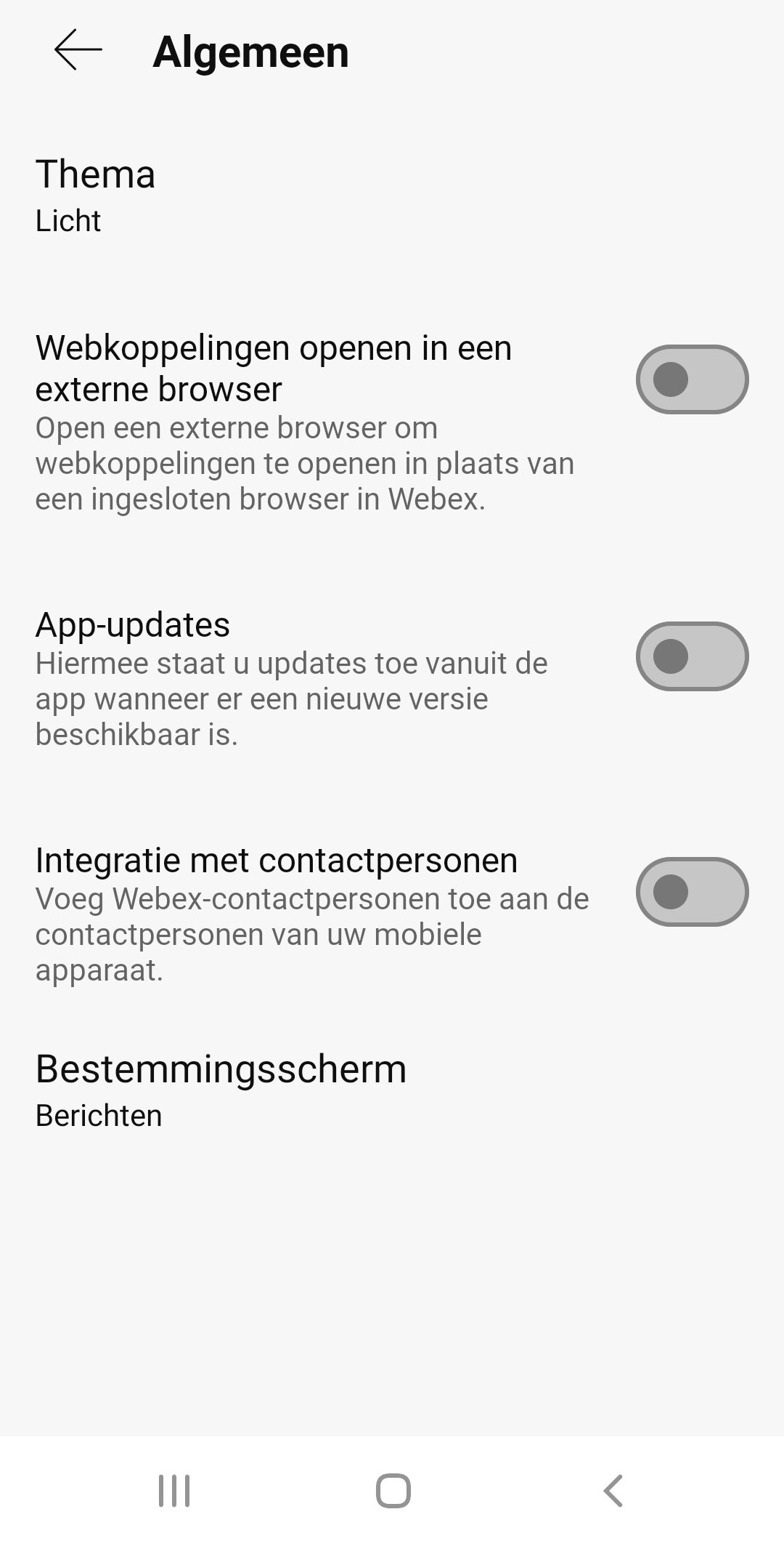 Screenshot van algemene instellingen in Webex op Android-telefoon