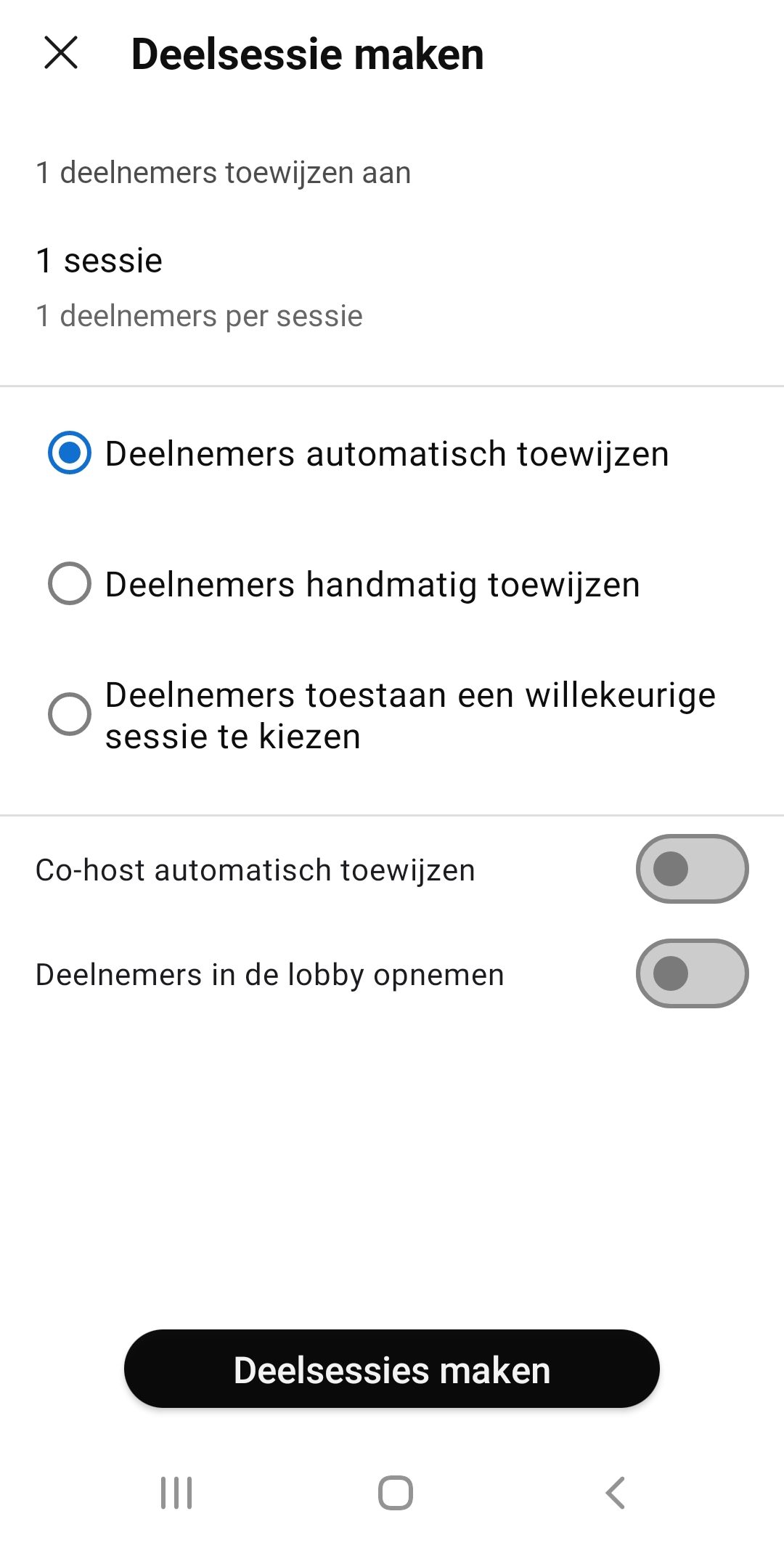 Screenshot van deelsessies aanmaken in Webex op Android-telefoon