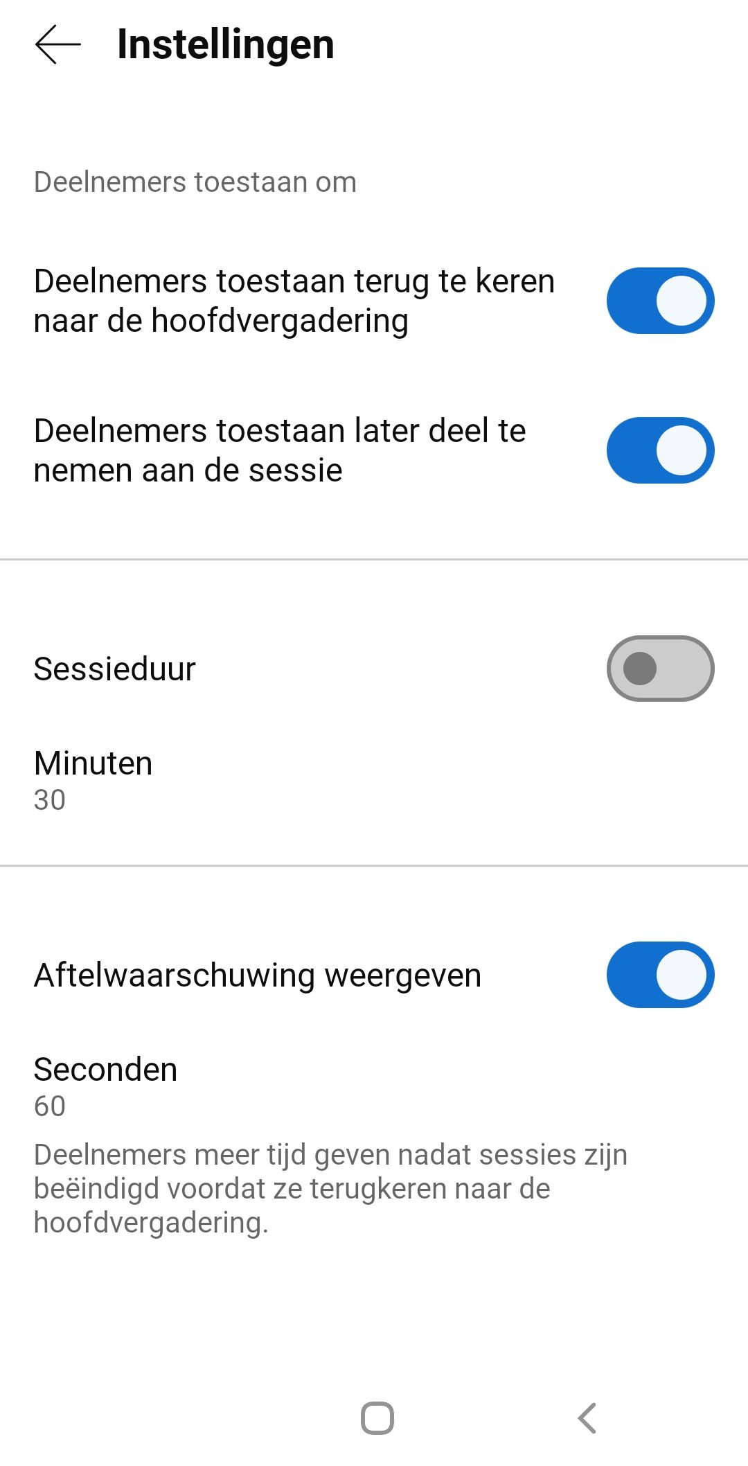 Screenshot van aanpassen instellingen voor deelsessies in Webex op Android-telefoon