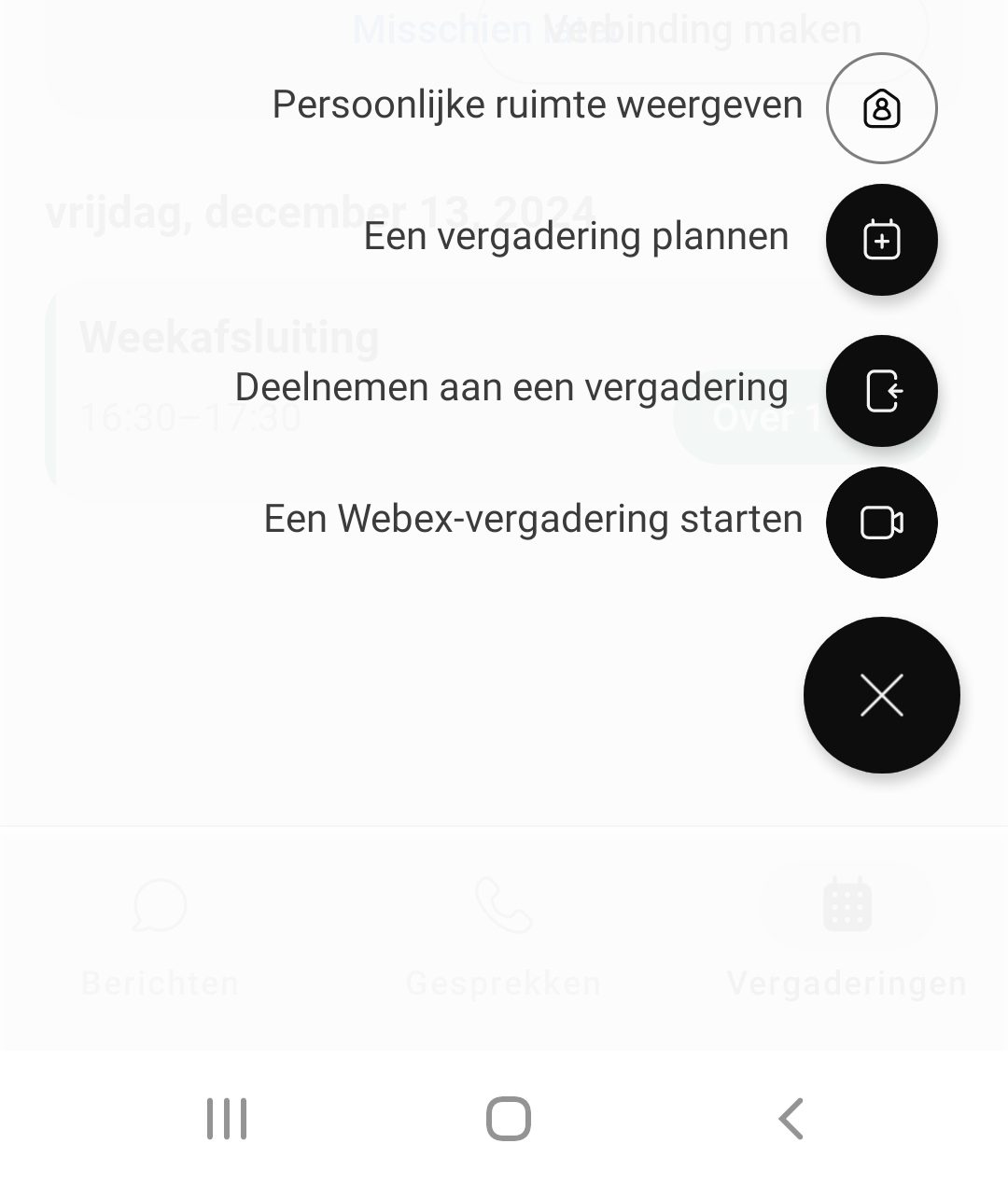 Screenshot van vergaderingsopties in Webex op Android-telefoon