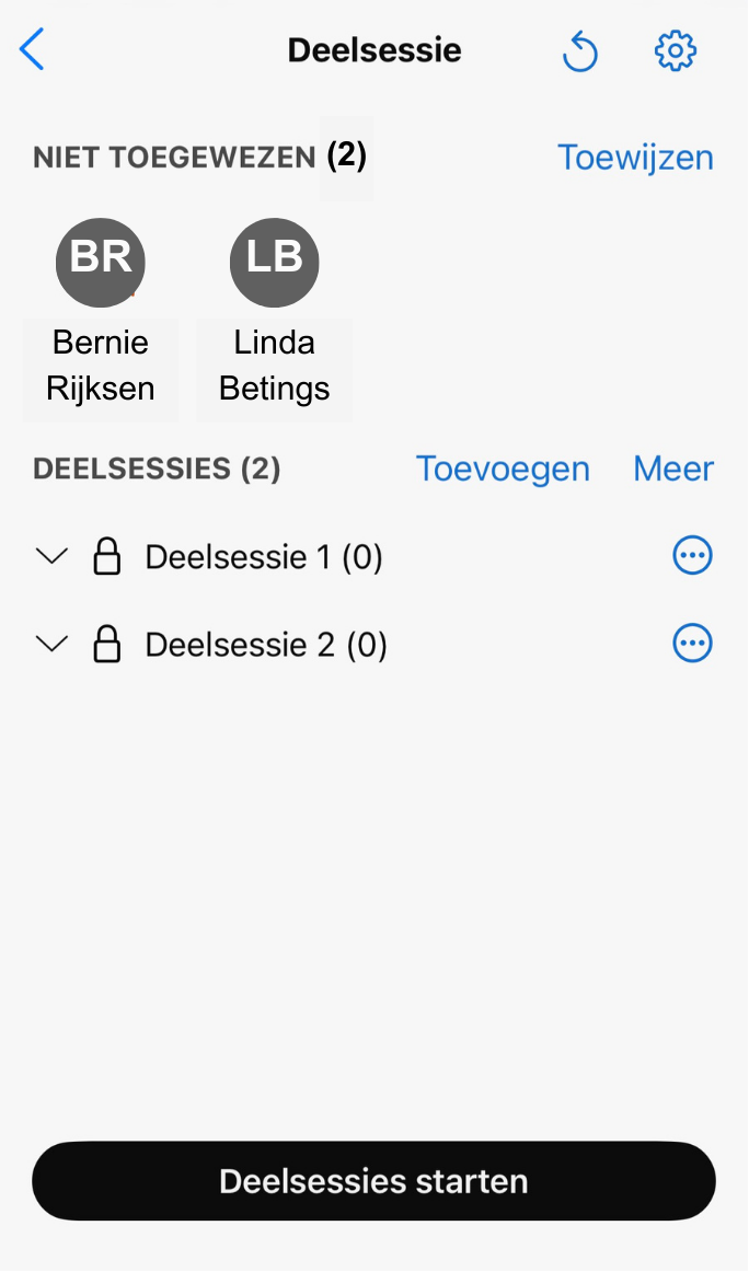 Screenshot van deelsessies toewijzen in Webex op iPhone