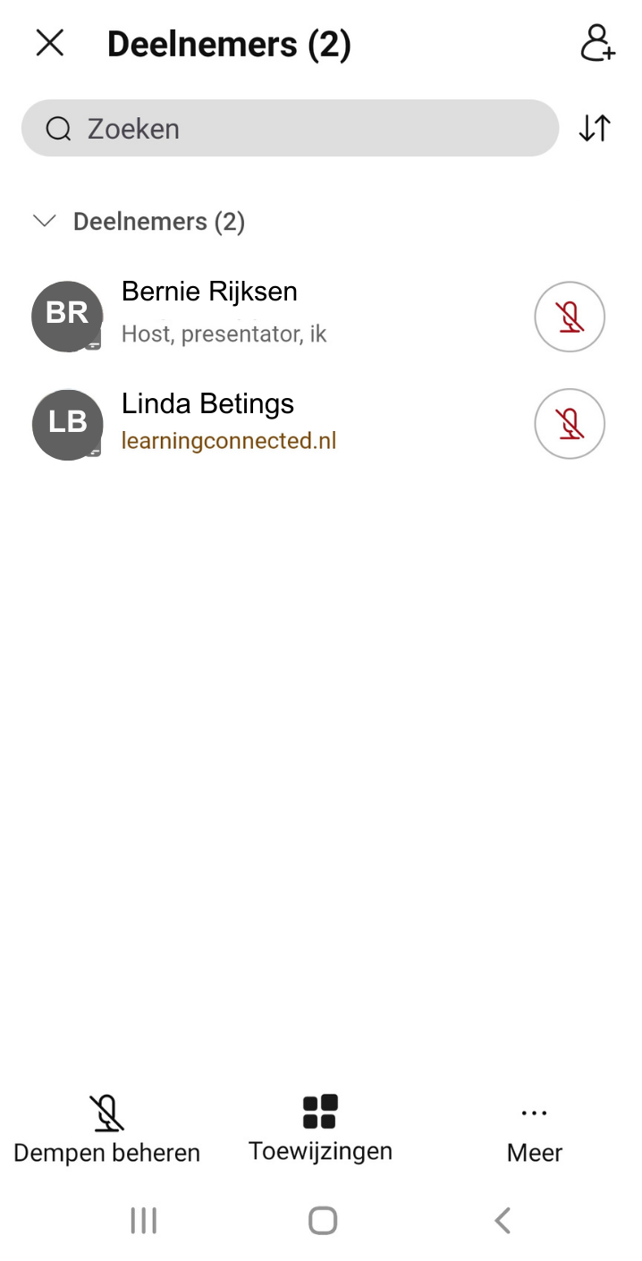 Screenshot van deelnemersvenster in Webex op Android-telefoon