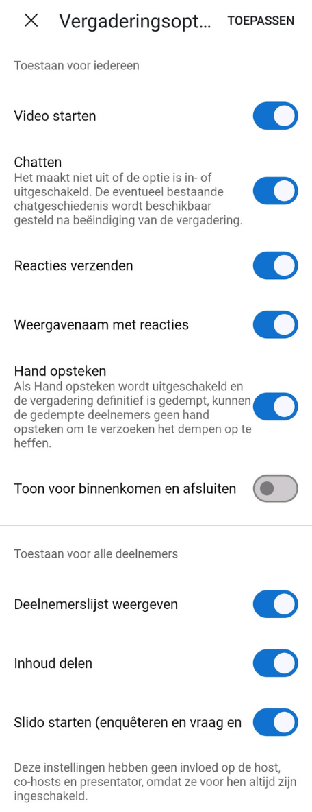 Screenshot van vergaderingsopties in Webex op Android-telefoon