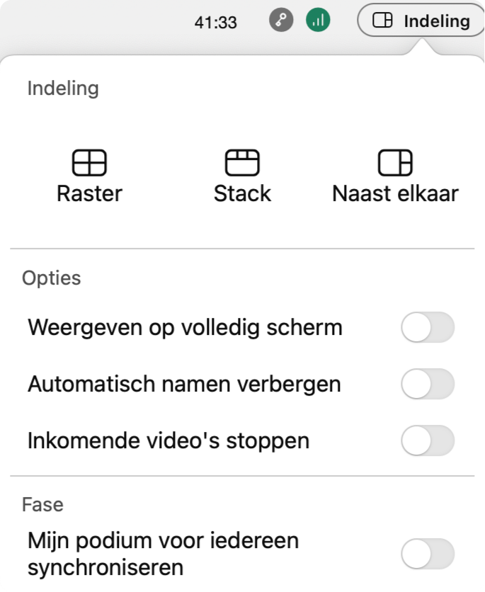 Screenshot indeling-opties Webex videovergaderen