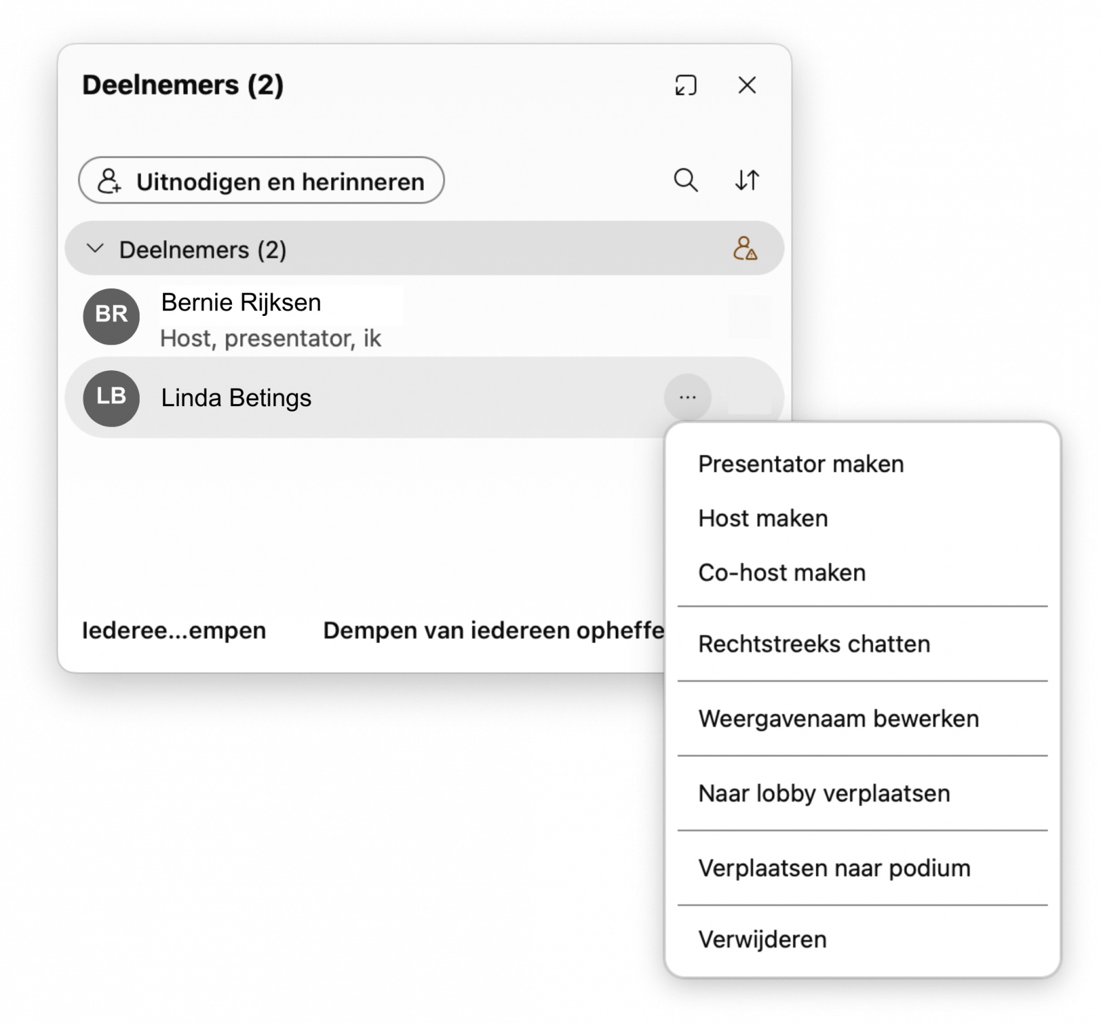 Screenshot van rol wijzigen deelnemer in Webex videovergaderen