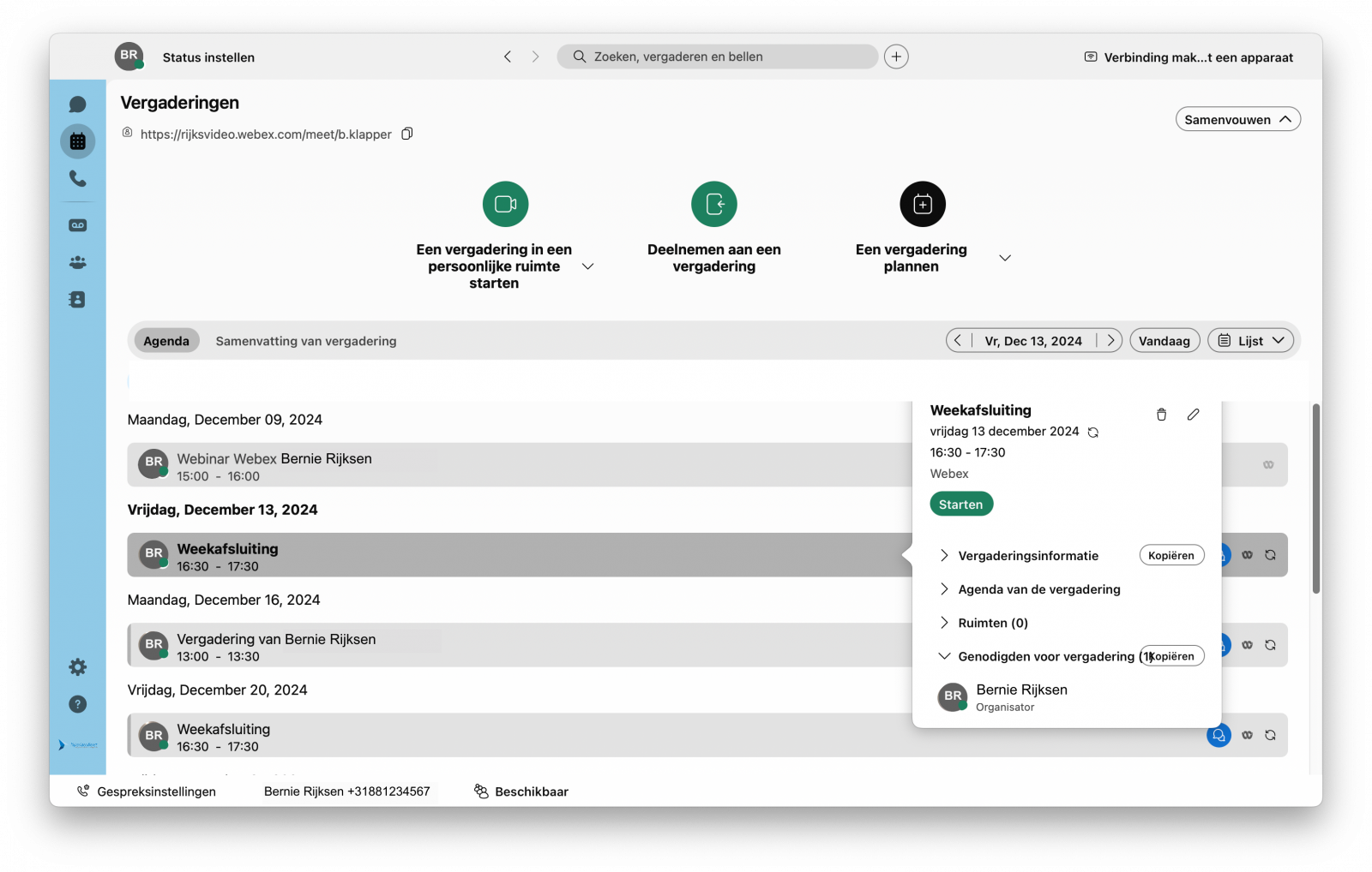 Screenshot van opstarten Webex-videovergadering via Webex-app