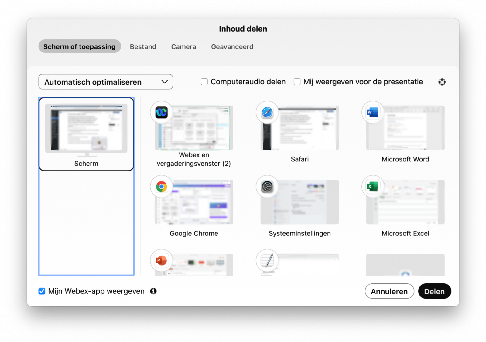 Screenshot scherm delen tijdens Webex videovergadering