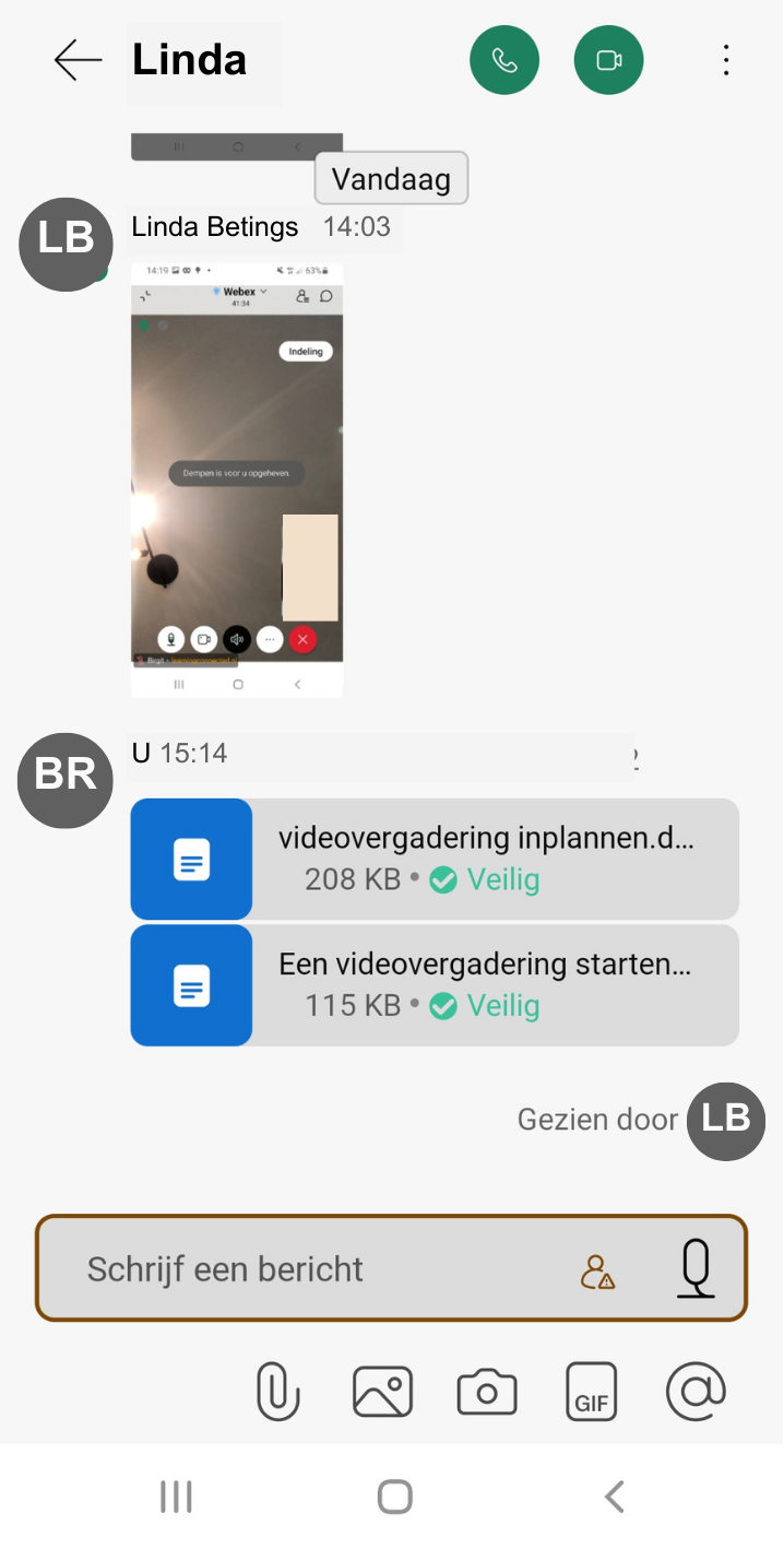 Screenshot van chat in Webex op Android-telefoon