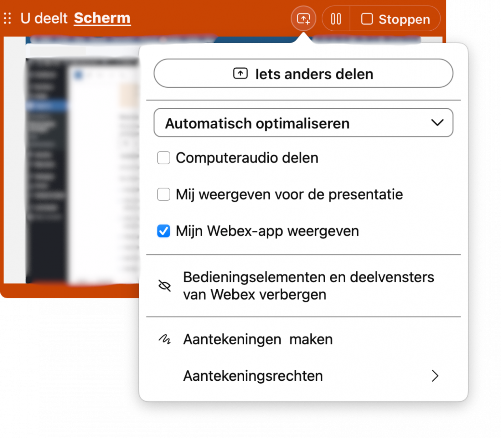 Screenshot menu tijdens scherm of toepassing delen