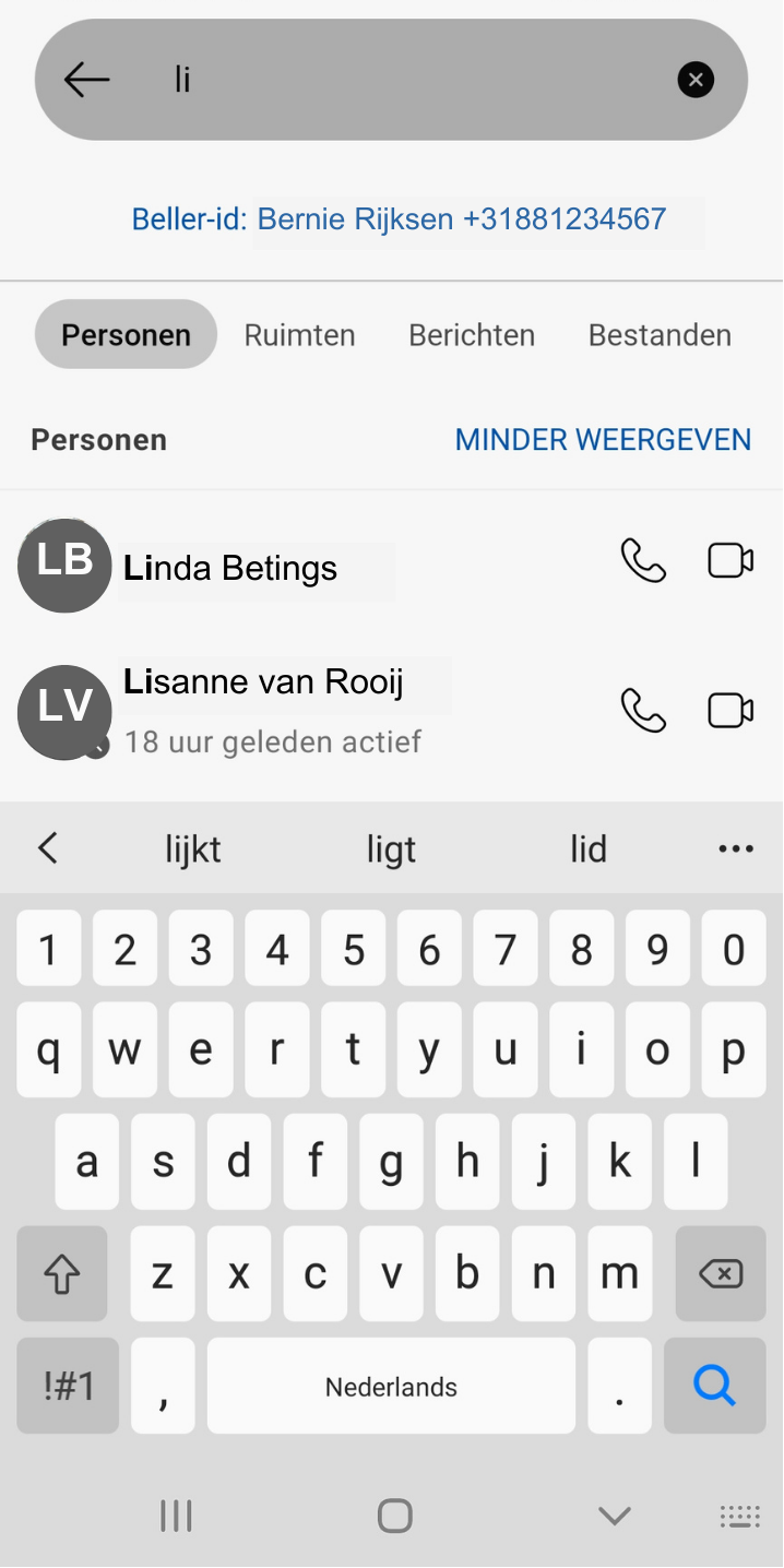 Screenshot van zoekfunctie in Webex op Android-telefoon