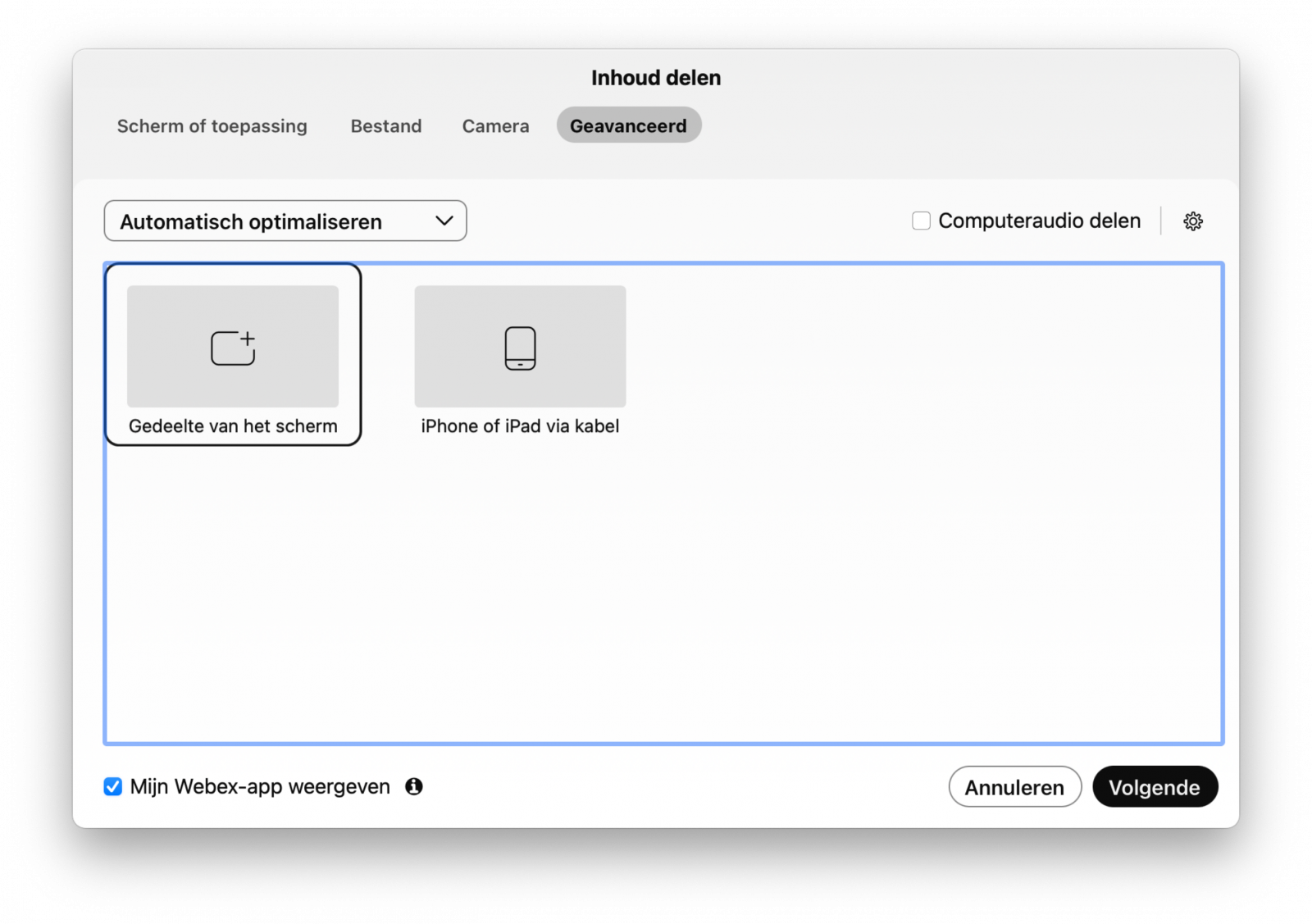 Screenshot van geavanceerd delen in Webex videovergaderen