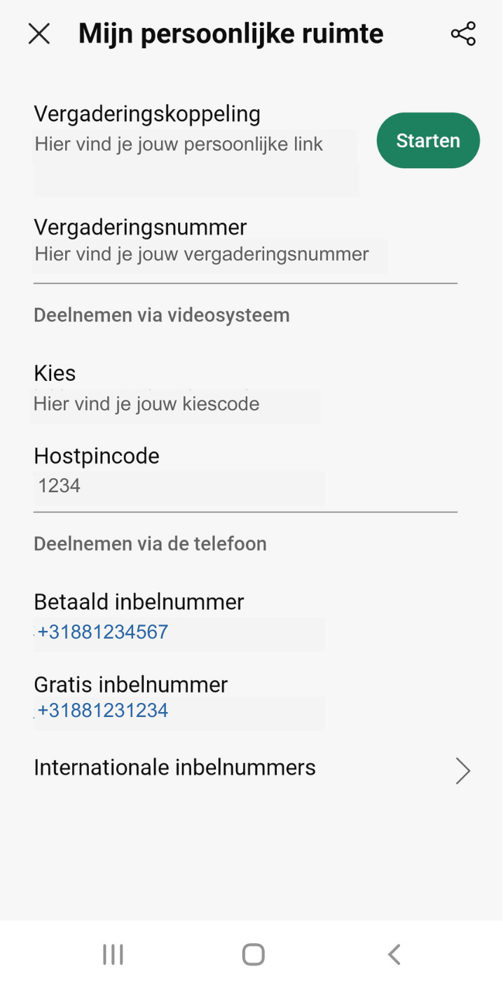 Screenshot van overzicht informatie persoonlijke ruimte in Webex op Android-telefoon