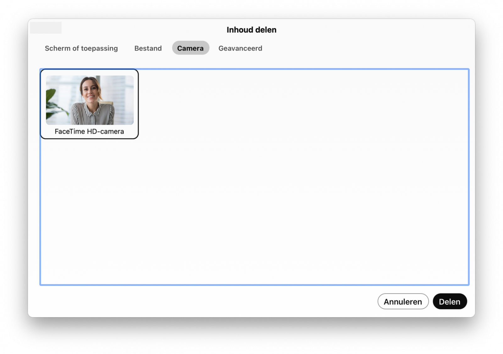 Screenshot van camera delen in Webex videovergaderen