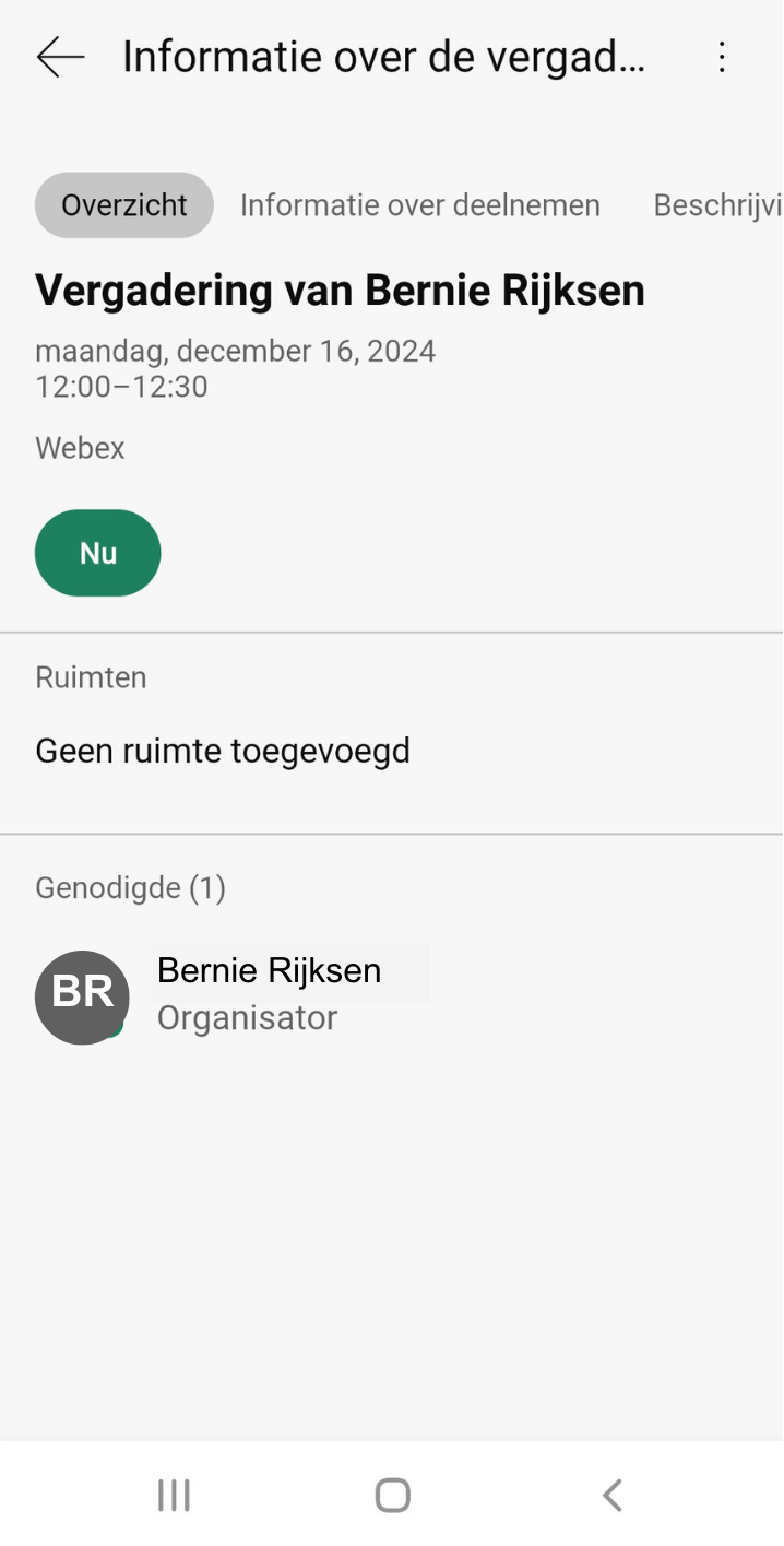 Screenshot van vergaderinformatie in Webex op Android-telefoon