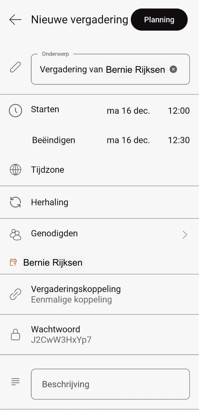 Screenshot van vergadering plannen in Webex op Android-telefoon