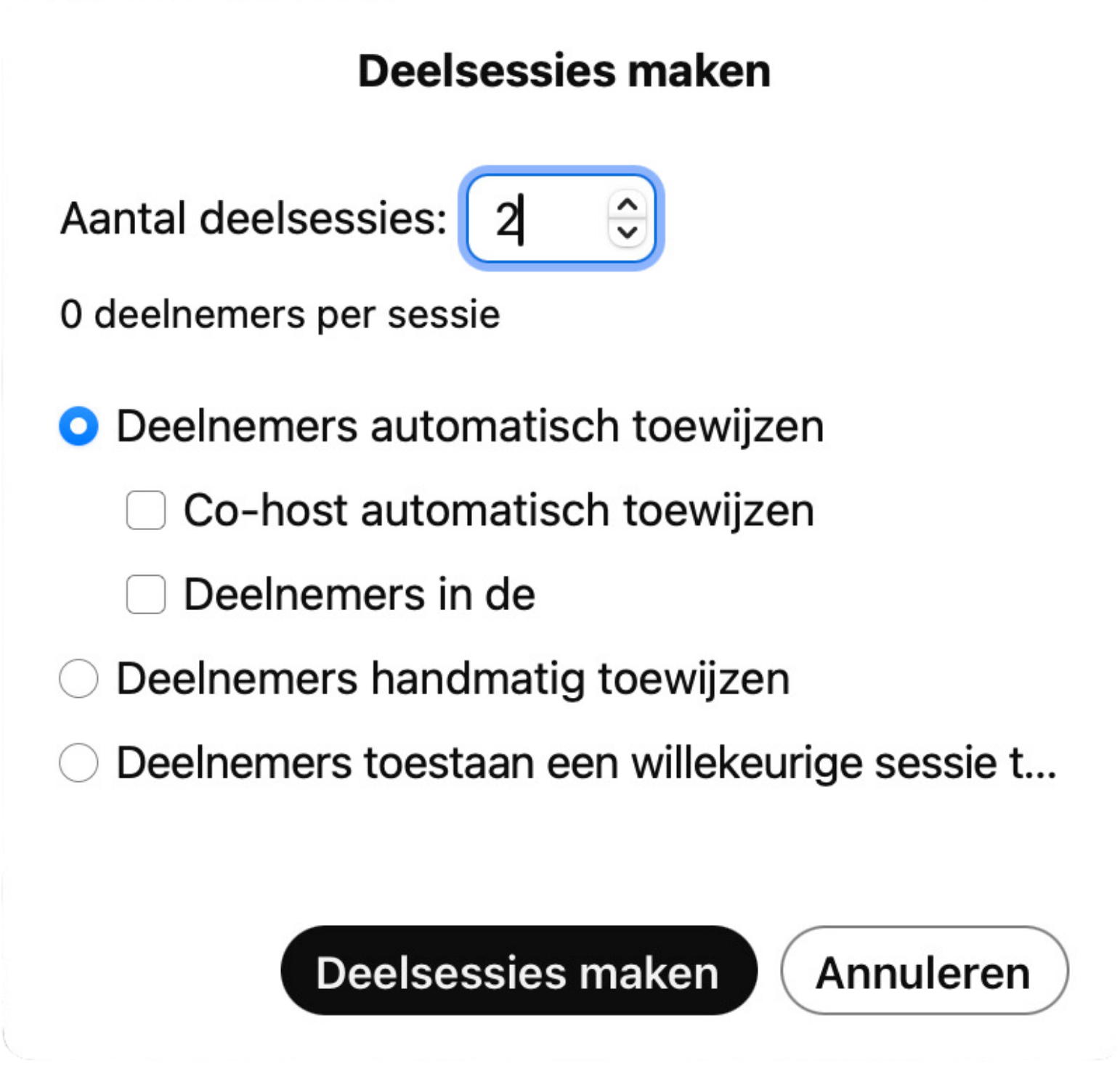 Screenshot deelsessies aanmaken in Webex