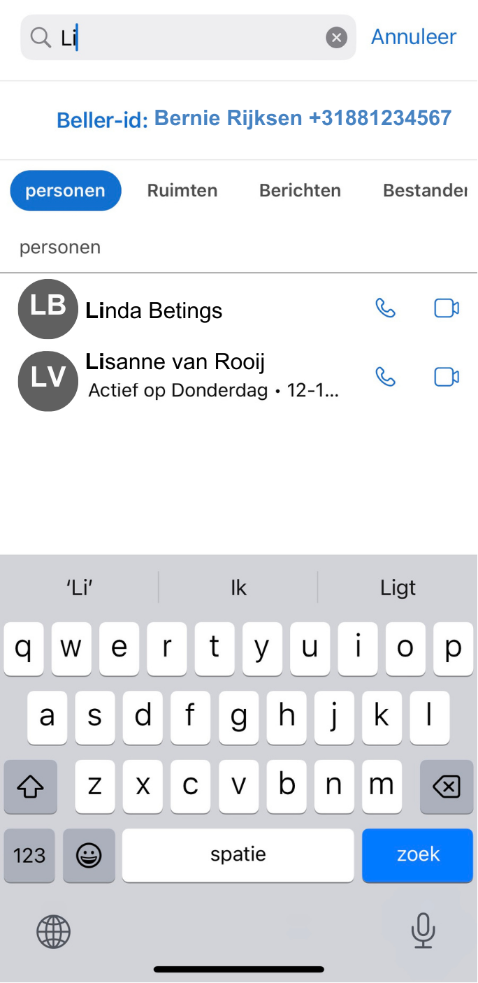 Screenshot van zoekfunctie in Webex op iPhone