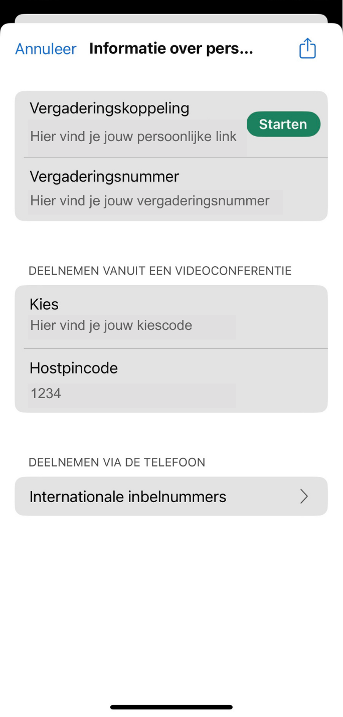 Screenshot van overzicht informatie persoonlijke ruimte in Webex op iPhone