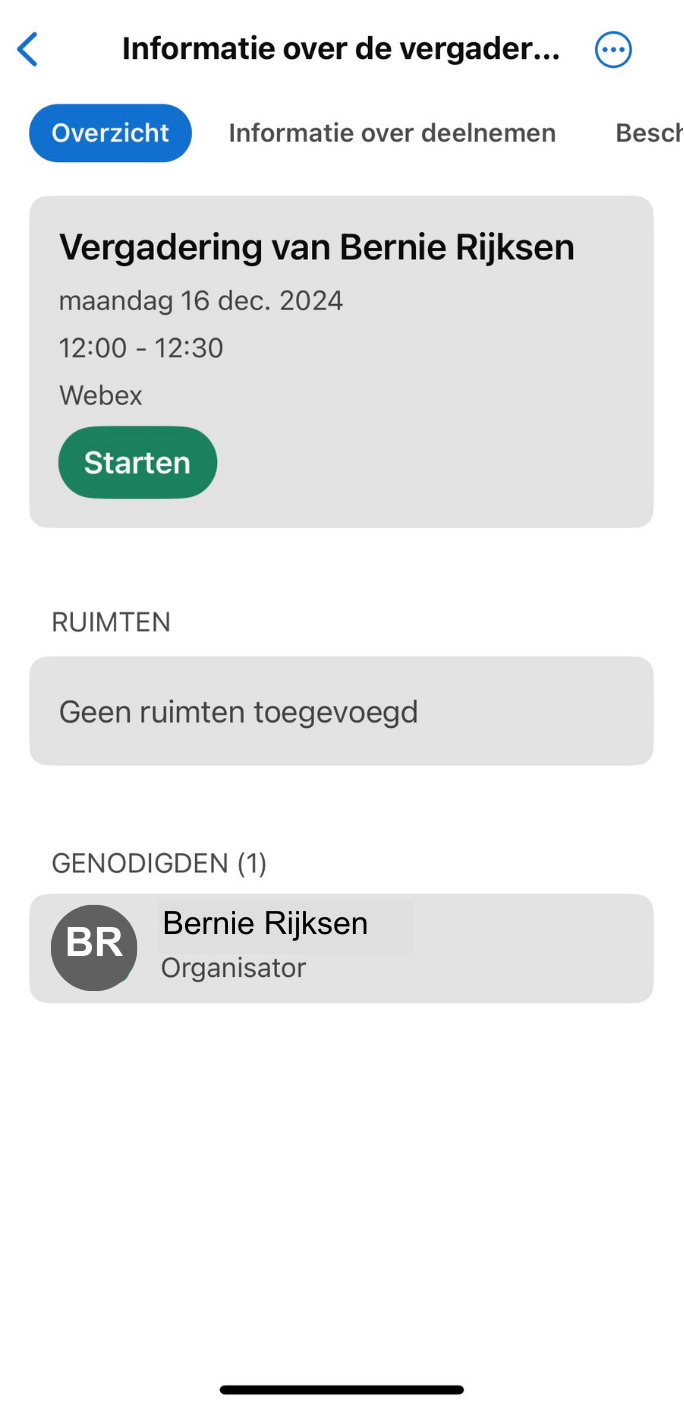 Screenshot van vergaderingsinformatie in Webex via kalender op iPhone