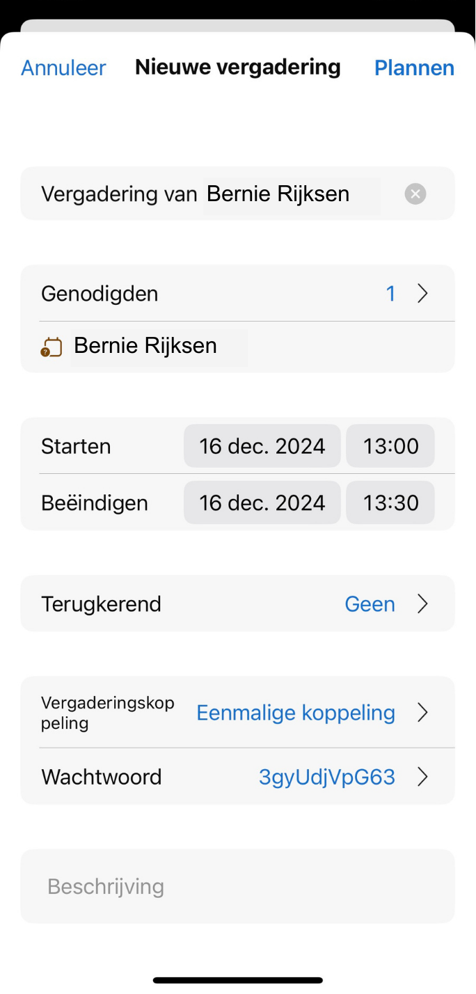 Screenshot van vergadering plannen in Webex op iPhone