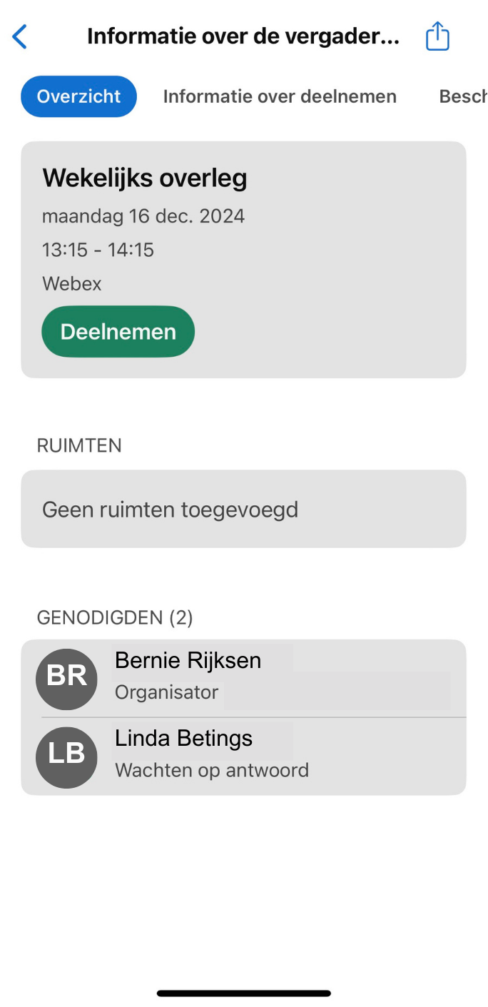 Screenshot van geplande vergadering in Webex op iPhone