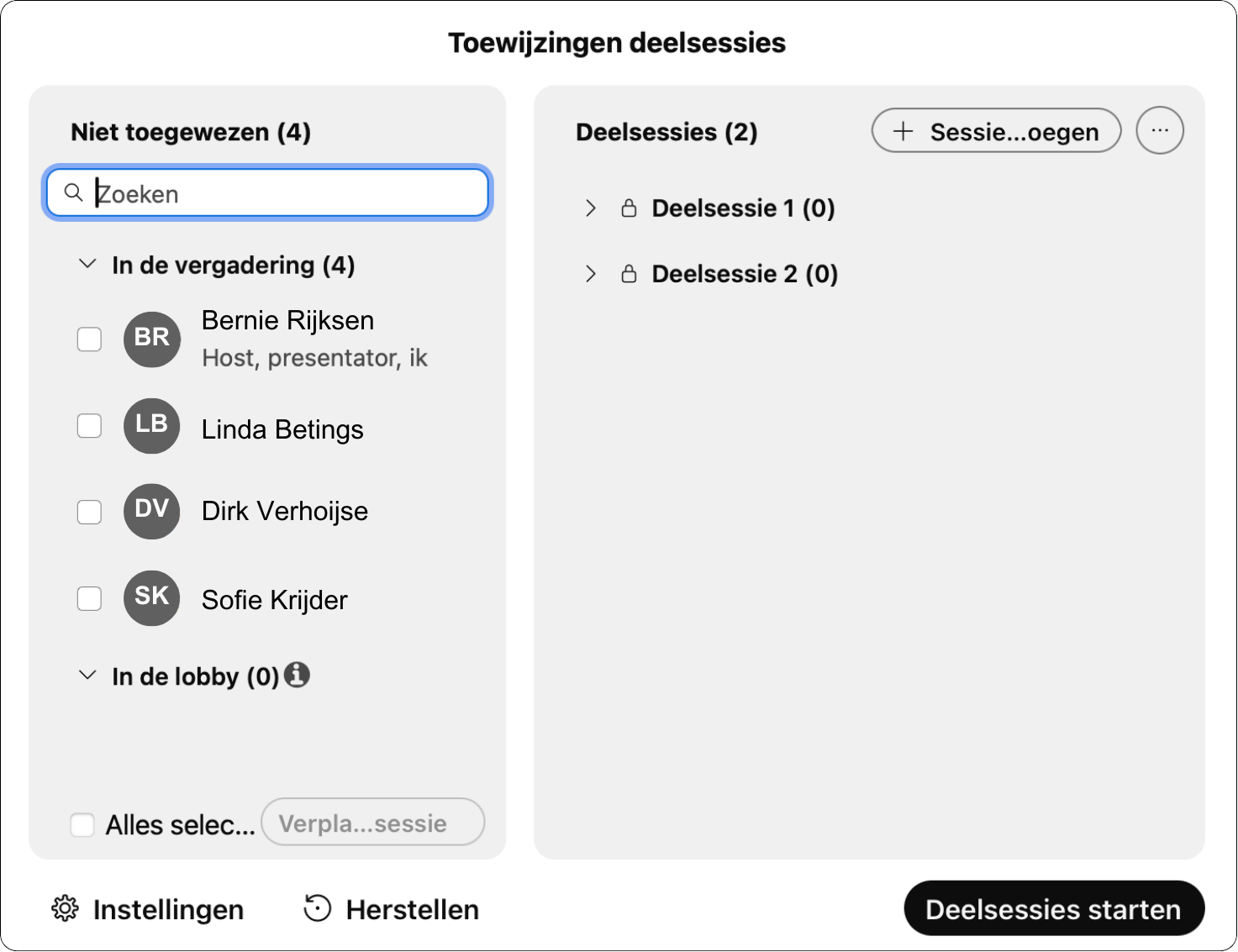 Screenshot toewijzen deelsessies Webex