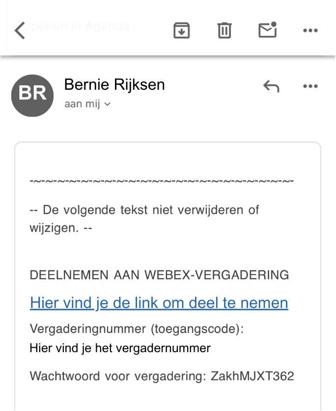 Screenshot van link naar videovergadering in Webex in e-mail of agenda via iPhone