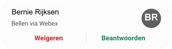 Screenshot van melding bij inkomende oproep vanuit chat in Webex op Android-telefoon