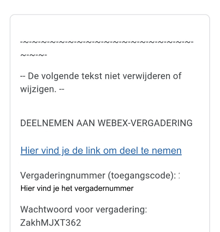 Screenshot van link naar videovergadering in Webex via mail of agenda