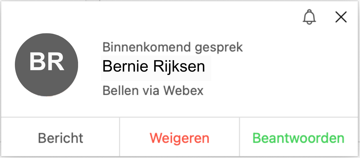 Screenshot van melding bij inkomende oproep vanuit chat in Webex