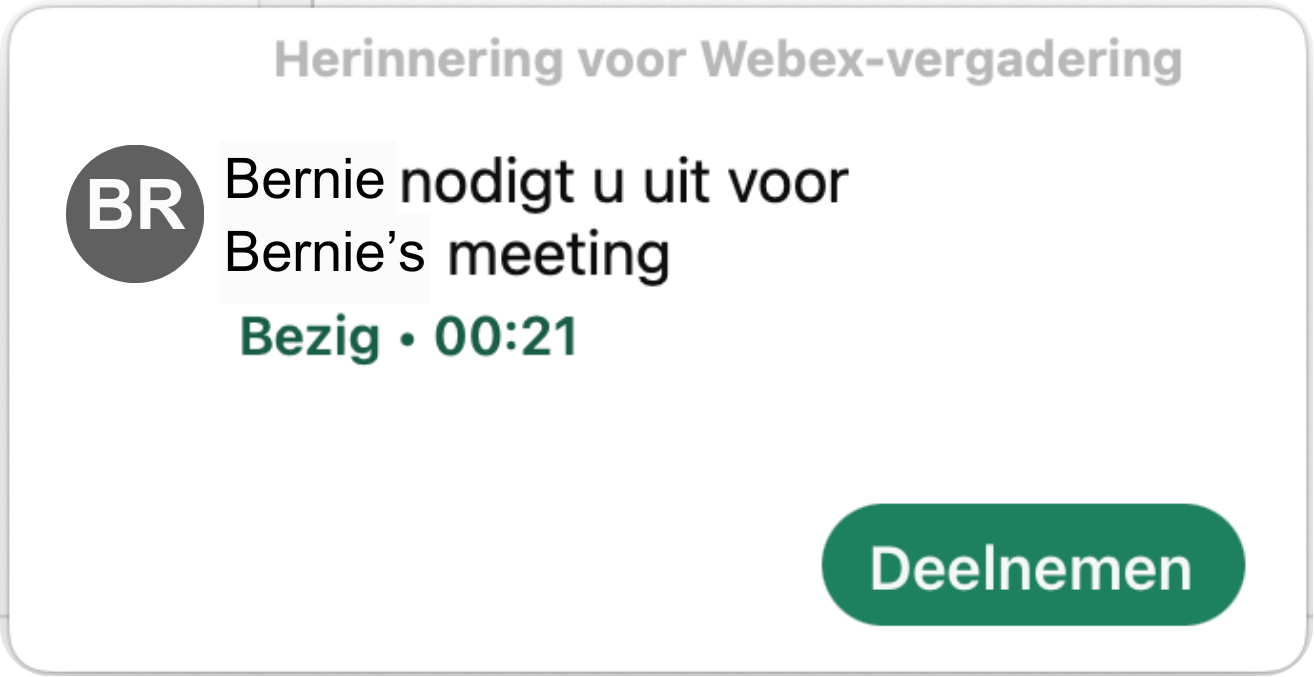 Screenshot van melding bij inkomende oproep vanuit vergadering in Webex